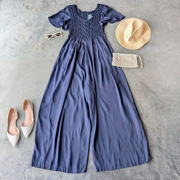 Vintage Jeffrey & Dara Navy Blue Smocked Short Sleeve Wide Leg Jumpsuit